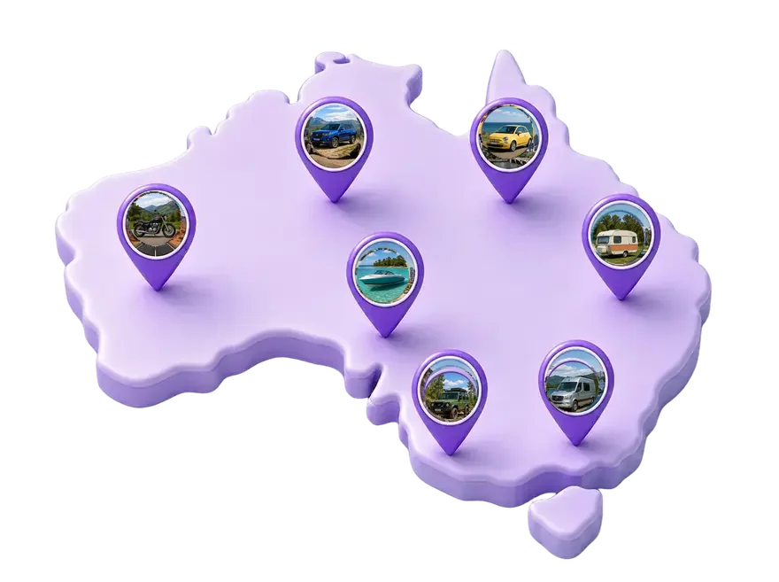 Map of Australia with pins showing cars, a 4WD, a motorcycle, a caravan, a boat and a campervan